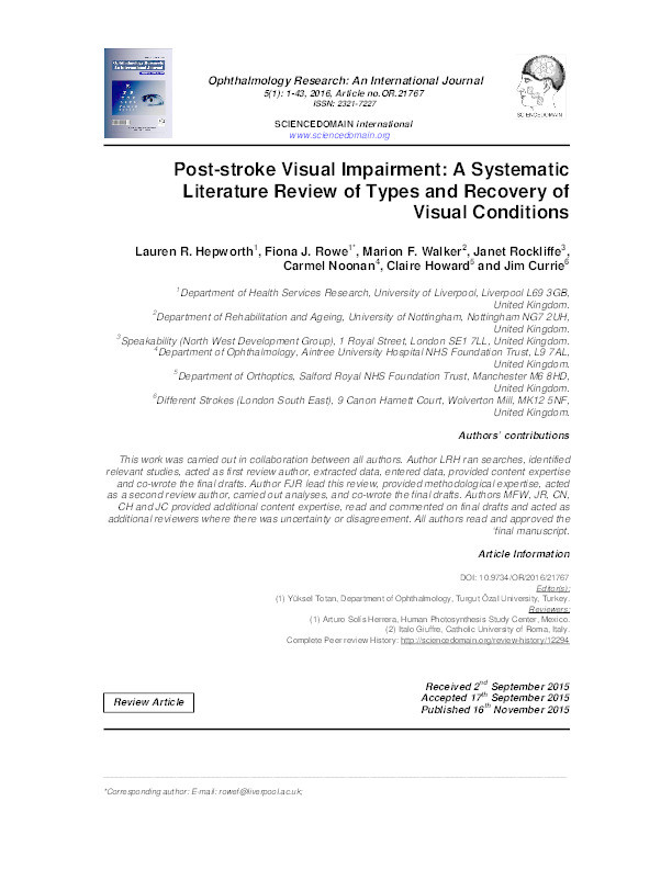 Post-stroke visual impairment: a systematic literature review of types and recovery of visual conditions Thumbnail