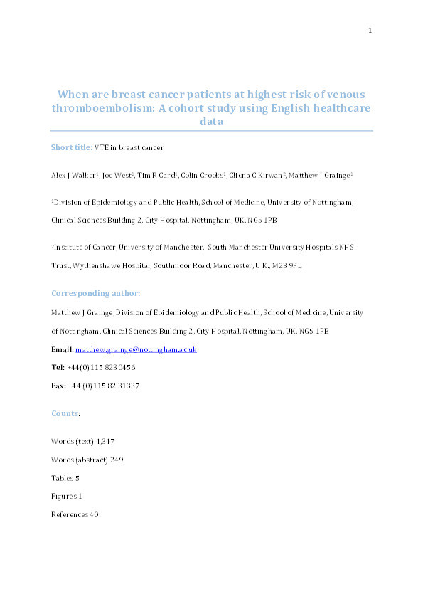 When are breast cancer patients at highest risk of venous thromboembolism? A cohort study using English healthcare data Thumbnail
