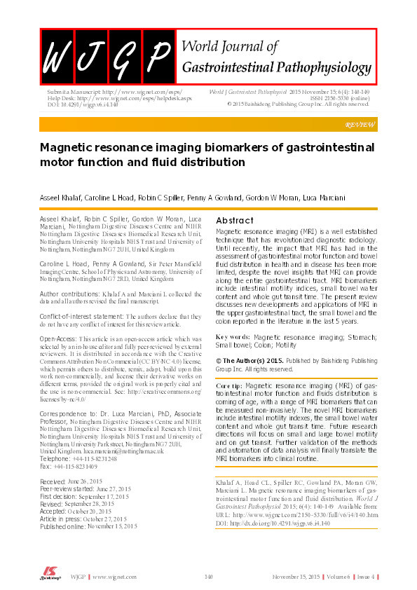 Magnetic resonance imaging biomarkers of gastrointestinal motor function and fluid distribution Thumbnail