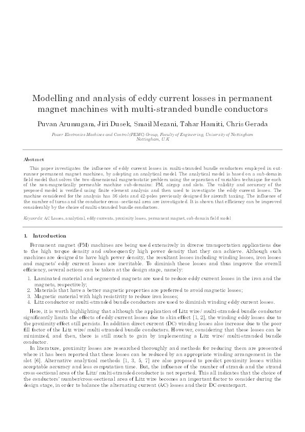 Modeling and analysis of eddy current losses in permanent magnet machines with multi-stranded bundle conductors Thumbnail