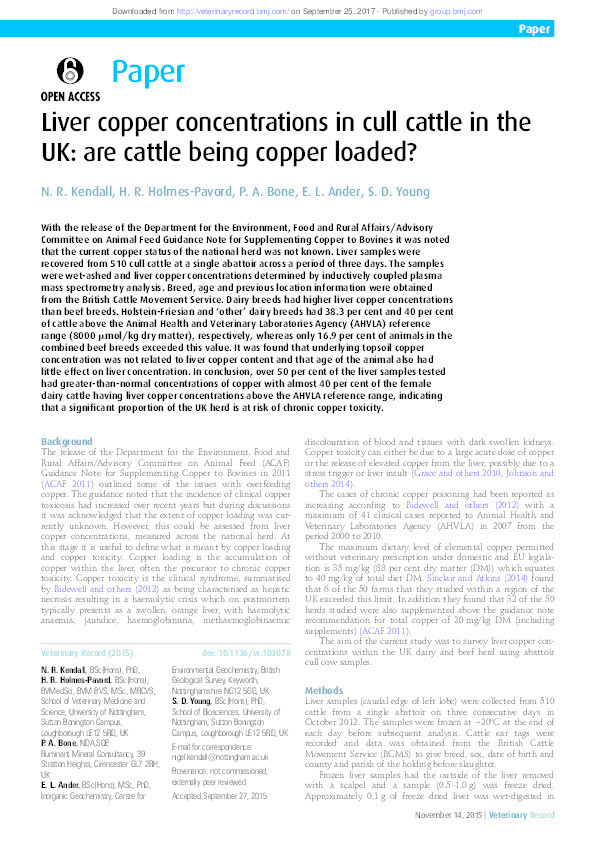 Liver copper concentrations in cull cattle in the UK: are cattle being copper loaded? Thumbnail