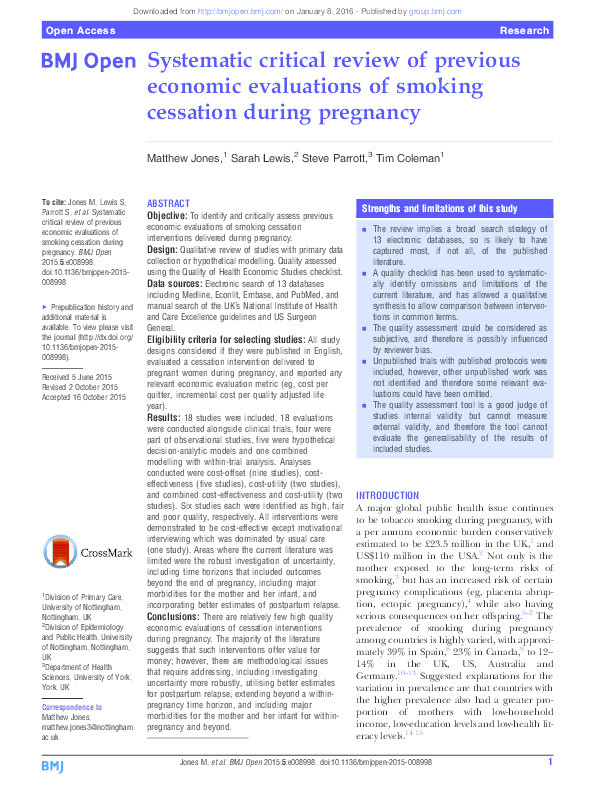Systematic critical review of previous economic evaluations of smoking cessation during pregnancy Thumbnail