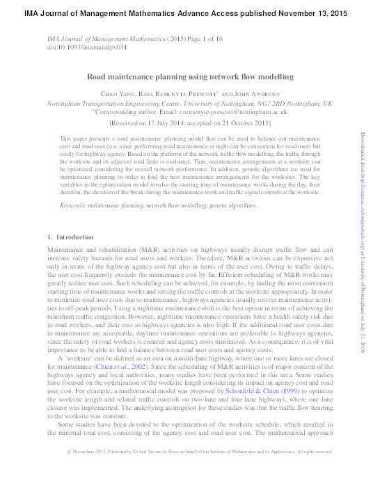 Road maintenance planning using network flow modelling Thumbnail