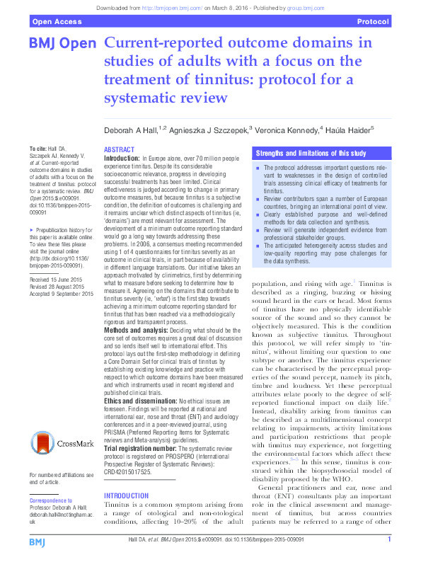 Current reported outcome domains in studies of adults with a focus on the treatment of tinnitus: protocol for a systematic review Thumbnail