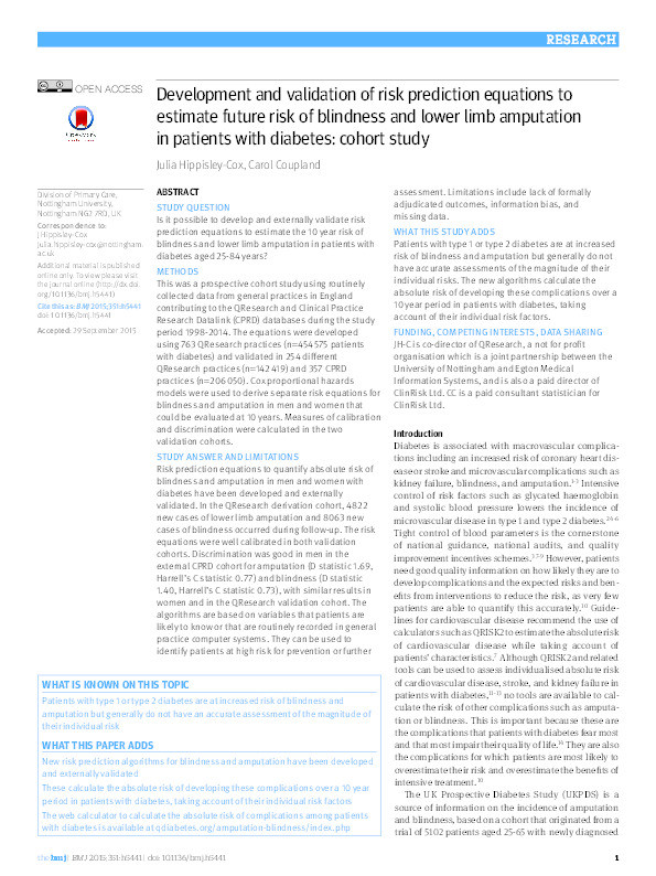 Development and validation of risk prediction equations to estimate future risk of blindness and lower limb amputation in patients with diabetes: cohort study Thumbnail