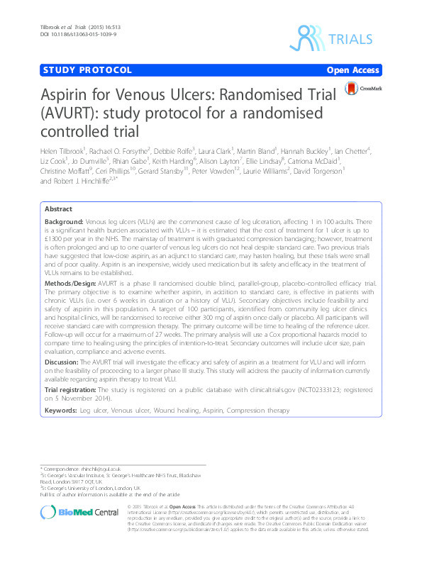 Aspirin for venous ulcers: randomised trial (AVURT): study protocol for a randomised controlled trial Thumbnail
