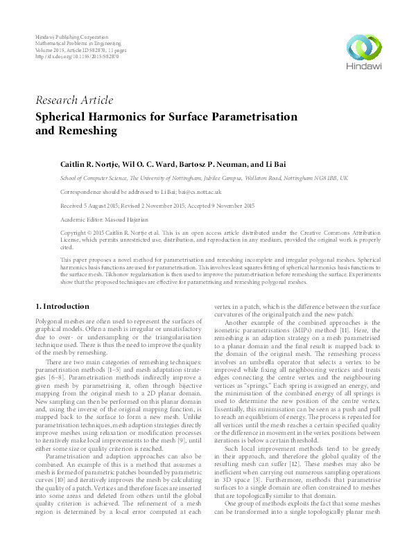 Spherical harmonics for surface parametrisation and remeshing Thumbnail