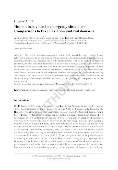 Human behaviour in emergency situations: Comparisons between aviation and rail domains Thumbnail