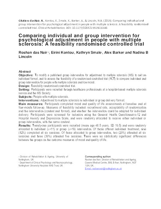 Comparing individual and group intervention for psychological adjustment in people with multiple sclerosis: a feasibility randomised controlled trial Thumbnail