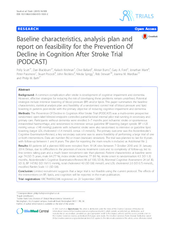 Baseline characteristics, analysis plan and report on feasibility for the Prevention Of Decline in Cognition After Stroke Trial (PODCAST) Thumbnail