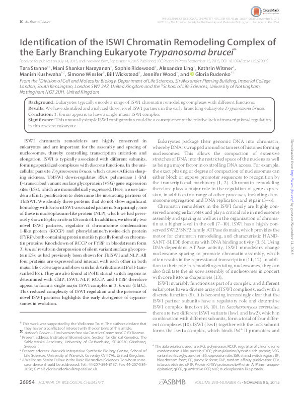 Identification of the ISWI chromatin remodeling complex of the early branching Eukaryote Trypanosoma brucei Thumbnail