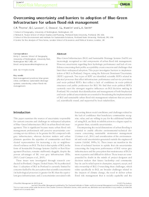 Overcoming uncertainty and barriers to adoption of Blue-Green Infrastructure for urban flood risk management: Uncertainties and barriers to adoption of BGI Thumbnail