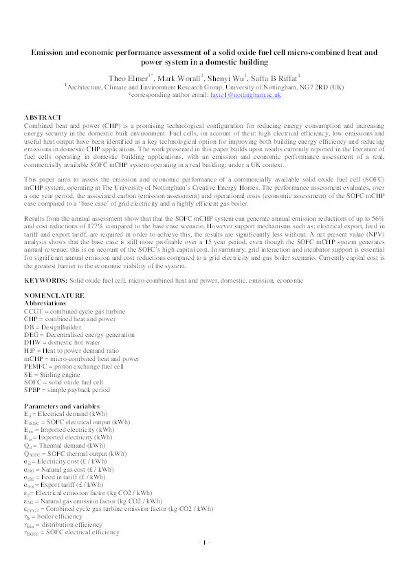 Emission and economic performance assessment of a solid oxide fuel cell micro-combined heat and power system in a domestic building Thumbnail