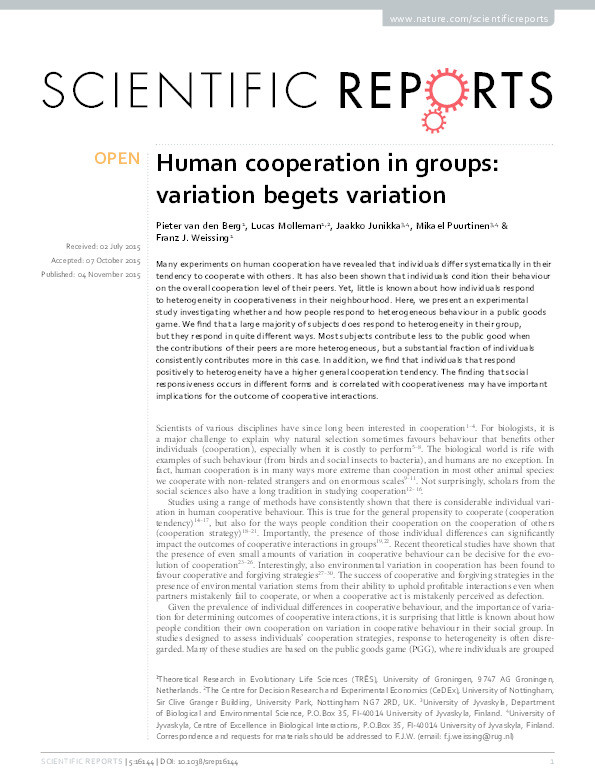 Human cooperation in groups: variation begets variation Thumbnail