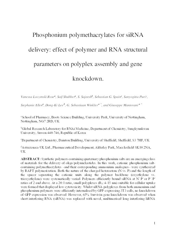 Phosphonium polymethacrylates for siRNA delivery: effect of polymer and RNA structural parameters on polyplex assembly and gene knockdown Thumbnail