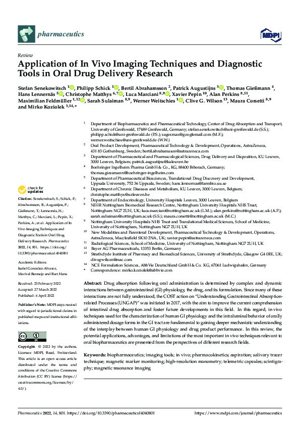 Application of in vivo imaging techniques and diagnostic tools in oral drug delivery research Thumbnail
