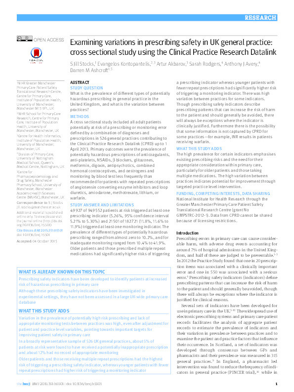 Examining variations in prescribing safety in UK general practice: cross sectional study using the Clinical Practice Research Datalink Thumbnail
