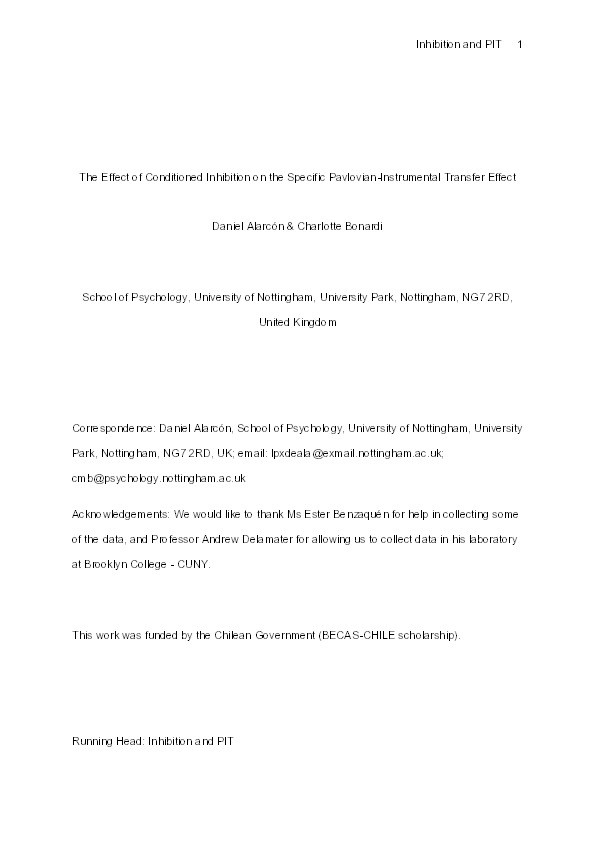 The effect of conditioned inhibition on the specific Pavlovian-instrumental transfer effect Thumbnail