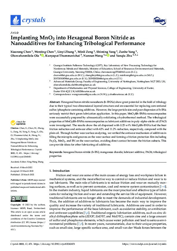 Implanting MnO2 into Hexagonal Boron Nitride as Nanoadditives for Enhancing Tribological Performance Thumbnail