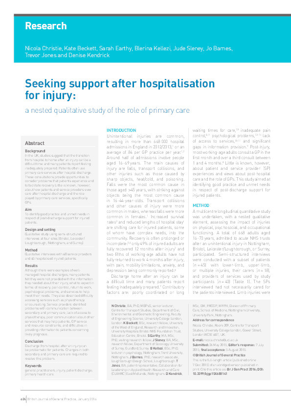 Seeking support after hospitalisation for injury: a nested qualitative study of the role of primary care Thumbnail