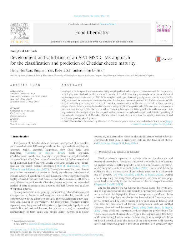 Development and validation of an APCI-MS / GC-MS approach for the classification and prediction of cheddar cheese maturity Thumbnail