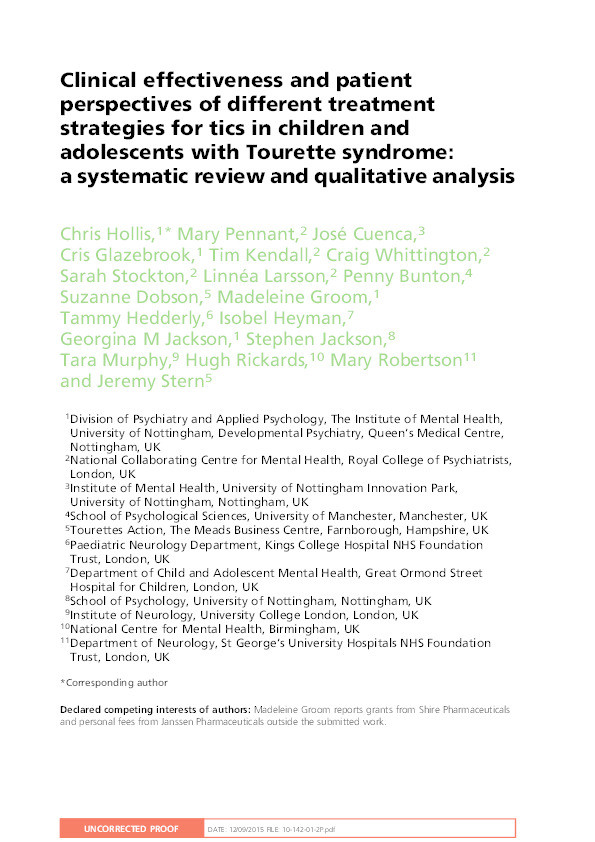Clinical effectiveness and patient perspectives of different treatment strategies for tics in children and adolescents with Tourette syndrome: a systematic review and qualitative analysis Thumbnail