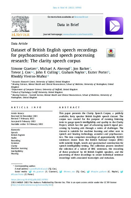 Dataset of British English speech recordings for psychoacoustics and speech processing research: The clarity speech corpus Thumbnail