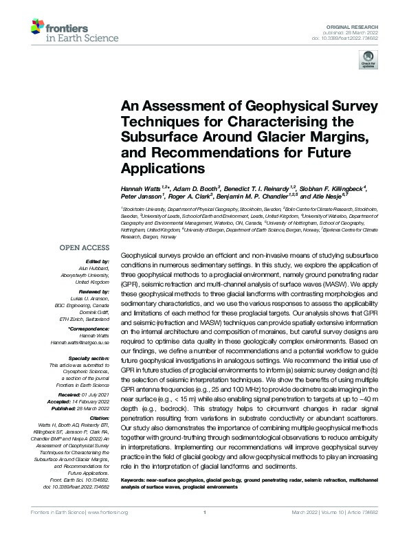 An Assessment of Geophysical Survey Techniques for Characterising the Subsurface Around Glacier Margins, and Recommendations for Future Applications Thumbnail