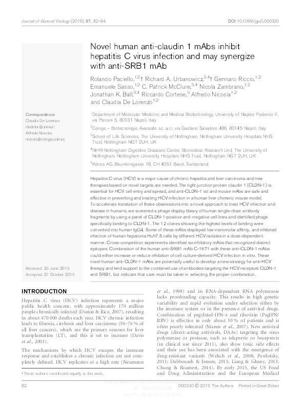 Novel human anti-claudin 1 mAbs inhibit hepatitis C virus infection and may synergize with anti-SRB1 mAb Thumbnail