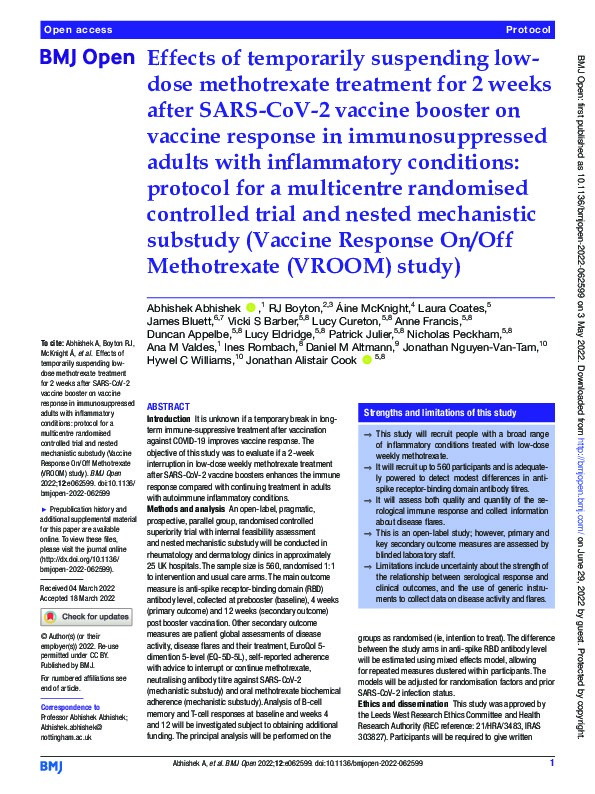 Effects of temporarily suspending low-dose methotrexate treatment for 2 weeks after SARS-CoV-2 vaccine booster on vaccine response in immunosuppressed adults with inflammatory conditions: protocol for a multicentre randomised controlled trial and nested mechanistic substudy (Vaccine Response On/Off Methotrexate (VROOM) study) Thumbnail