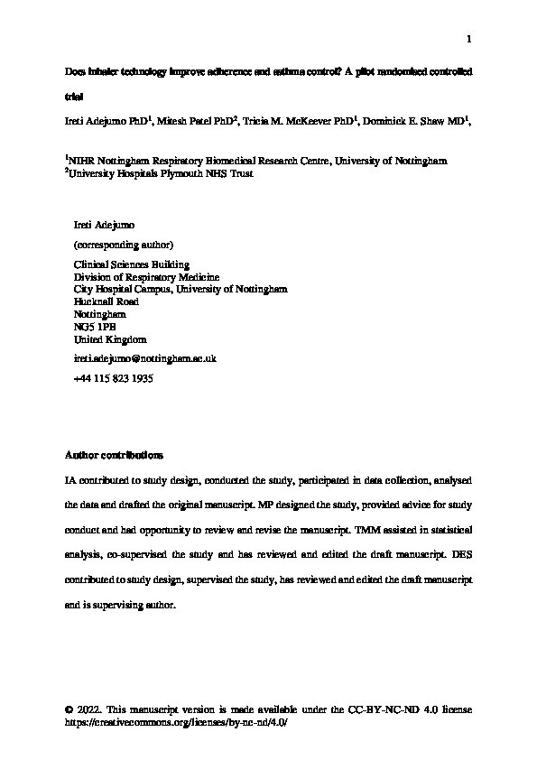 Does inhaler technology improve adherence and asthma control? A pilot randomized controlled trial Thumbnail