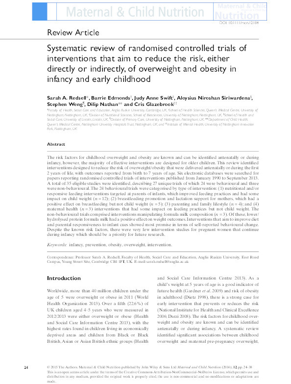 Systematic review of randomised controlled trials of interventions that aim to reduce the risk, either directly or indirectly, of overweight and obesity in infancy and early childhood Thumbnail