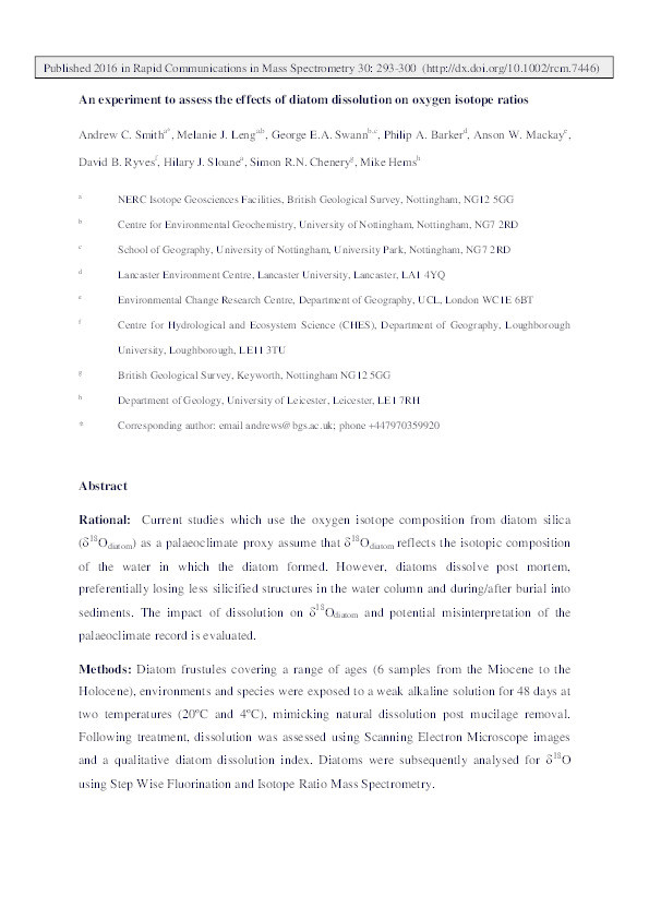 An experiment to assess the effects of diatom dissolution on oxygen isotope ratios Thumbnail