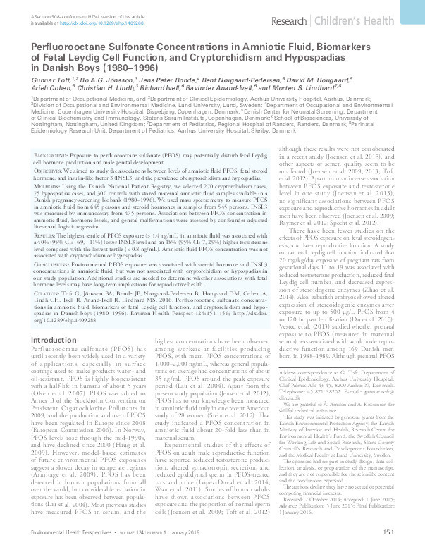 Perfluorooctane sulfonate concentrations in amniotic fluid, biomarkers of fetal Leydig cell function, and cryptorchidism and hypospadias in Danish boys (1980–1996) Thumbnail