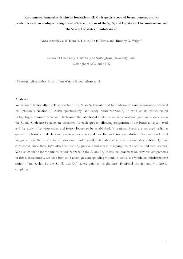 Resonance-enhanced multiphoton ionization (REMPI) spectroscopy of bromobenzene and its perdeuterated isotopologue: Assignment of the vibrations of the S0, S1, and D0+ states of bromobenzene and the S0 and D0+ states of iodobenzene Thumbnail