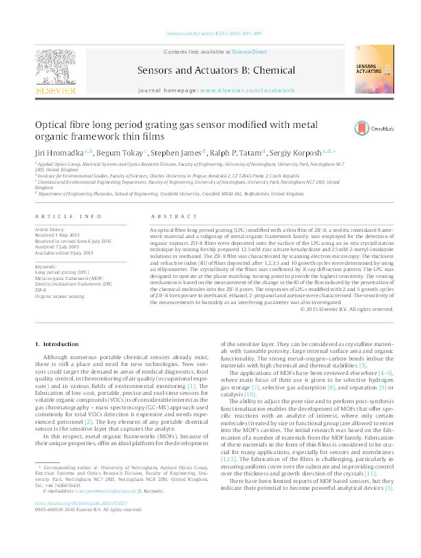 Optical fibre long period grating gas sensor modified with metal organic framework thin films Thumbnail