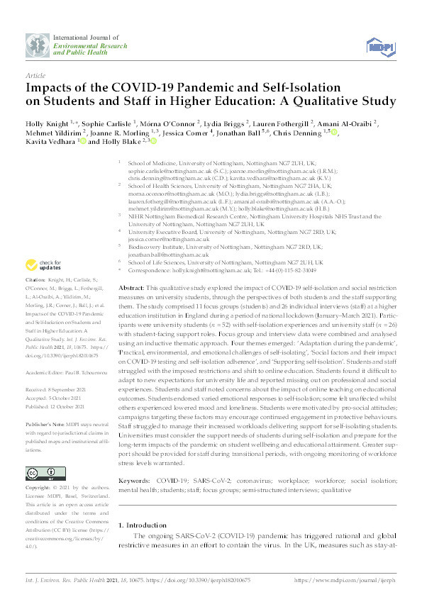 Impacts of the COVID-19 Pandemic and Self-Isolation on Students and Staff in Higher Education: A Qualitative Study Thumbnail