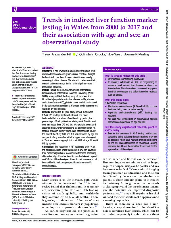 Trends in indirect liver function marker testing in Wales from 2000 to 2017 and their association with age and sex: An observational study Thumbnail