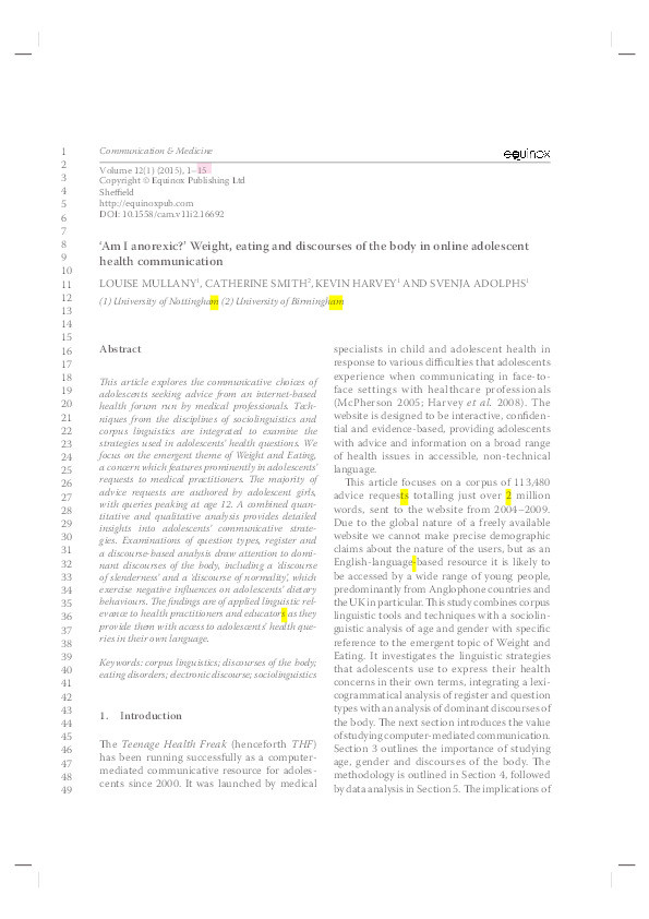 ‘Am I anorexic?’ Weight, eating and discourses of the body in online adolescent health communication Thumbnail