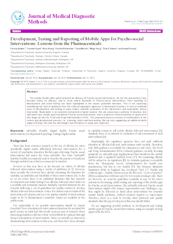 Development, testing and reporting of mobile apps for psycho-social interventions: lessons from the pharmaceuticals Thumbnail