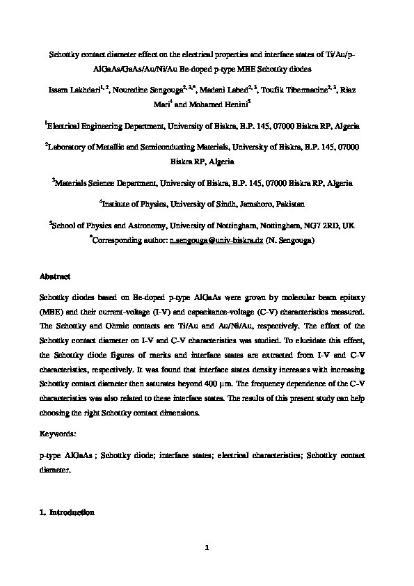 Schottky contact diameter effect on the electrical properties and interface states of Ti/Au/p-AlGaAs/GaAs/Au/Ni/Au Be-doped p-type MBE Schottky diodes Thumbnail