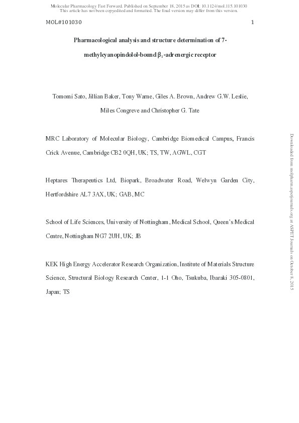 Pharmacological analysis and structure determination of 7-methylcyanopindolol–bound b1-adrenergic receptor Thumbnail