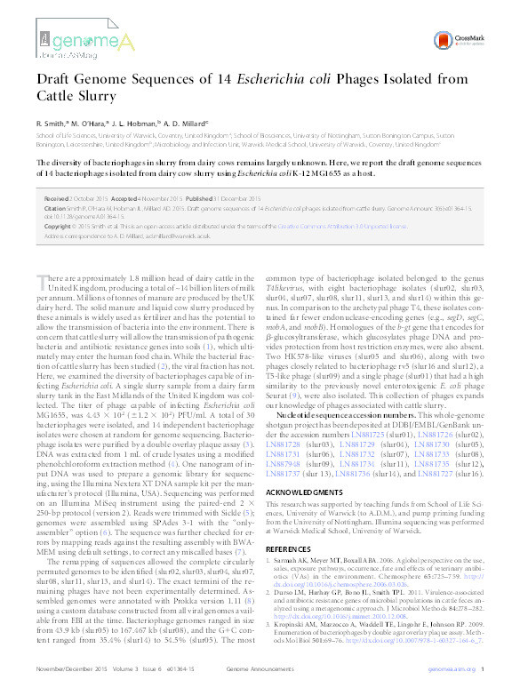 Draft genome sequences of 14 Escherichia coli phages isolated from cattle slurry Thumbnail