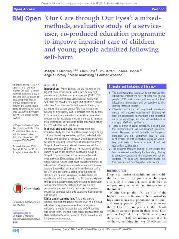 ‘Our Care through Our Eyes’: a mixed methods, evaluative study of a service-user, co-produced education programme to improve inpatient care of children and young people admitted following self-harm Thumbnail