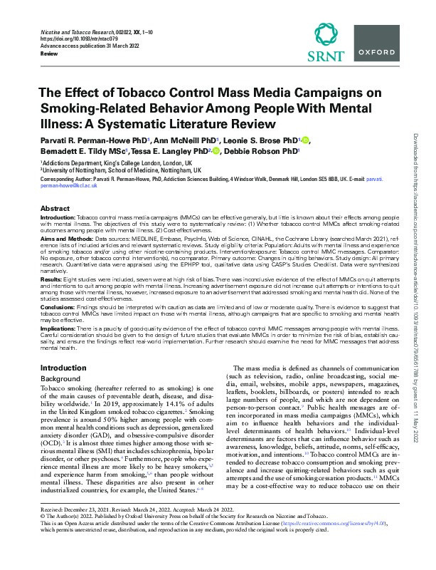 The Effect of Tobacco Control Mass Media Campaigns on Smoking-Related Behavior Among People With Mental Illness: A Systematic Literature Review Thumbnail