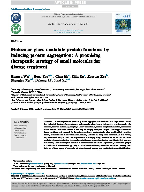 Molecular glues modulate protein functions by inducing protein aggregation: A promising therapeutic strategy of small molecules for disease treatment Thumbnail