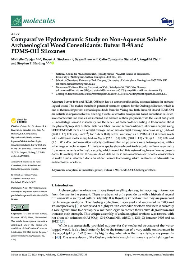 Comparative Hydrodynamic Study on Non-Aqueous Soluble Archaeological Wood Consolidants: Butvar B-98 and PDMS-OH Siloxanes Thumbnail