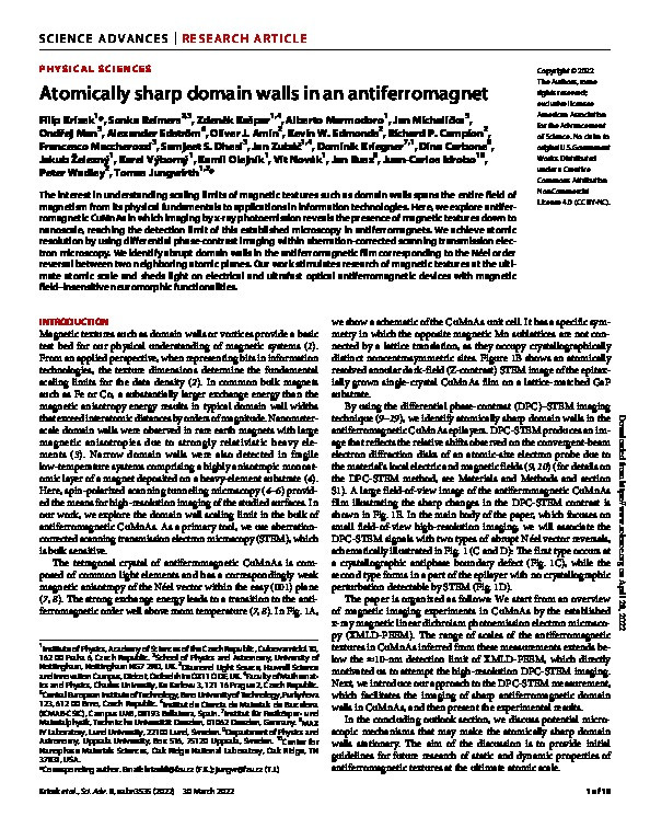 Atomically sharp domain walls in an antiferromagnet Thumbnail