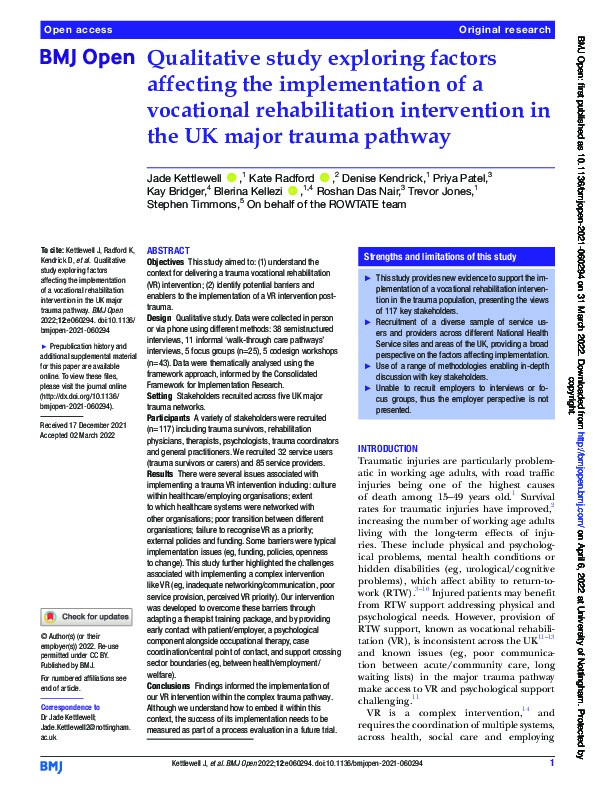 Qualitative study exploring factors affecting the implementation of a vocational rehabilitation intervention in the UK major trauma pathway Thumbnail