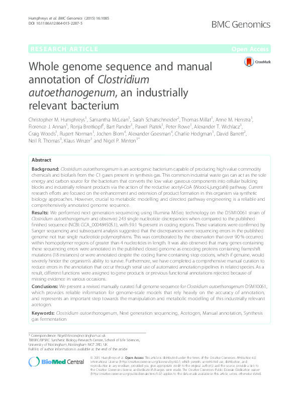 Whole genome sequence and manual annotation of Clostridium autoethanogenum, an industrially relevant bacterium Thumbnail